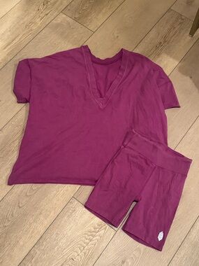 Free People Magenta V‑Neck Lounge Top with Matching Shorts